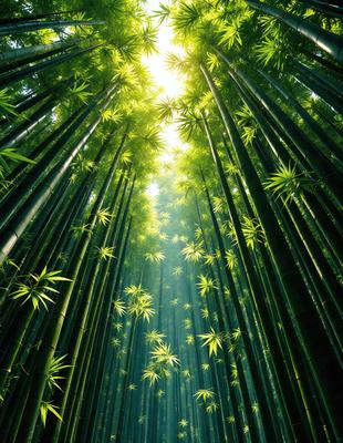 The primary subject of the image is a forest filled with tall bamboo trees. The setting is a lush green environment, with the trees providing a natural backdrop. The visual style of the image is a photo, capturing the beauty of the bamboo forest. The colors in the image are predominantly green, creating a serene and peaceful atmosphere.