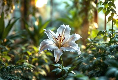 The primary subject of the image is a white flower, likely a lily, with a long stem and a single bloom. The flower is situated in a forest setting, surrounded by green plants and trees. The visual style of the image is a photo, capturing the beauty of the flower in its natural environment. The colors and mood of the image are predominantly green and serene, with the white flower standing out as the focal point.