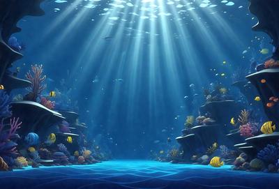 The primary subject of the image is a vibrant underwater scene featuring a variety of colorful fish and coral. The setting is a vast ocean, with the sunlight shining through the water, creating a bright and lively atmosphere. The visual style is a combination of photo and digital art, creating a realistic yet artistic representation of the underwater world. The colors and mood are predominantly blue and green, with the sunlight adding a touch of warmth to the scene.