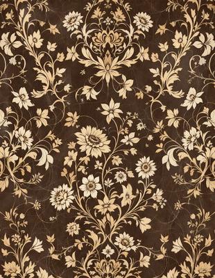 The primary subject of the image is a floral pattern, featuring a variety of flowers and leaves. The setting is a wall, and the visual style appears to be a combination of a photo and a digital art or illustration. The dominant colors in the image are brown and white, creating a warm and natural atmosphere.