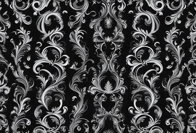 The primary subject of the image is a black and white patterned design featuring a floral motif. The setting is a black background, which contrasts with the white and gray tones of the pattern. The visual style is a combination of digital art and illustration, creating a unique and intricate design. The colors and mood of the image are predominantly dark and moody, with the floral pattern adding a touch of elegance and sophistication.