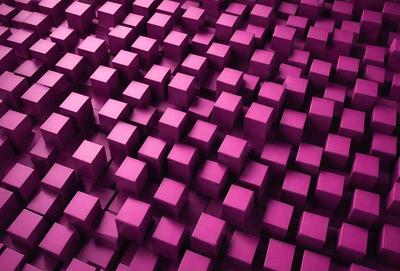 The primary subject of the image is a large, purple, three-dimensional grid made up of square-shaped blocks. The setting is a purple background, which creates a visually striking contrast with the blocks. The visual style is a combination of digital art and illustration, giving the image a unique and artistic appearance. The dominant colors are purple and pink, creating a warm and inviting atmosphere.