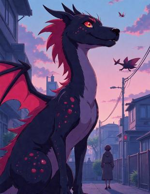 The primary subject of the image is a large, colorful dragon with red and black scales. It is standing on a city street, surrounded by buildings and a fence. The visual style of the image is a digital art or illustration, with a vibrant and lively atmosphere. The dragon appears to be the main focus of the scene, with the city street and buildings serving as the backdrop.