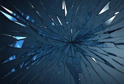 The primary subject of the image is a large, circular, blue glass window with a crack in the middle. The setting is a dark room, and the visual style appears to be a photo. The colors and mood of the image are dark and moody, with the blue glass window being the main focal point.