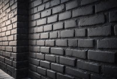The primary subject of the image is a brick wall. The setting is a dark room, and the visual style is a black and white photo. The dominant colors are black and white, creating a moody atmosphere.