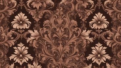 The primary subject of the image is a decorative wallpaper with a brown and gold color scheme. The wallpaper features a floral pattern with intricate details, giving it an elegant and sophisticated appearance. The setting is a room with a wooden floor, which complements the wallpaper's design. The visual style of the image is a close-up of the wallpaper, highlighting its intricate patterns and textures. The colors and mood of the image are warm and inviting, creating a cozy and comfortable