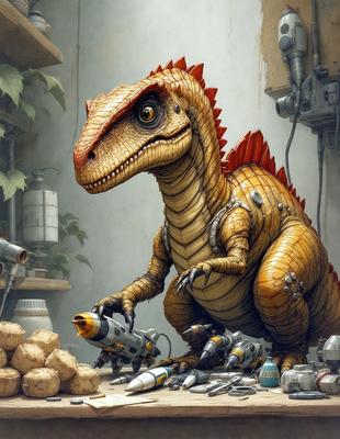 The primary subject of the image is a large, colorful, and detailed dinosaur statue. The setting is a workshop or a room with a table, where the dinosaur statue is placed. The visual style of the image is a combination of photo and digital art, creating a realistic and vibrant representation of the dinosaur. The colors and mood of the image are lively and engaging, capturing the viewer's attention and imagination.
