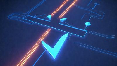 The primary subject of the image is a blue and orange road with a blue check mark on it. The setting is a futuristic city with a blue and orange color scheme. The visual style is a digital art or illustration, creating a unique and eye-catching design. The colors and mood of the image are vibrant and energetic, with the blue check mark symbolizing a sense of direction or guidance.