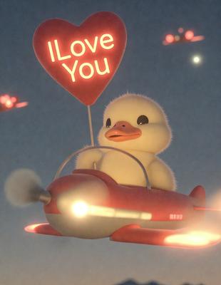 The primary subject of the image is a cartoon duck sitting in a toy airplane. The setting is a night sky, with the duck and the airplane being the main focus of the image. The visual style is digital art, as the duck and the airplane are both computer-generated. The colors and mood of the image are predominantly red and white, giving it a warm and playful atmosphere.
