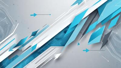 The primary subject of the image is a blue and white geometric design, which appears to be a digital art or illustration. The setting is a gray background, which contrasts with the vibrant colors of the design. The visual style is modern and abstract, with the design featuring multiple arrows and a mix of blue and white colors. The overall atmosphere of the image is dynamic and visually appealing.