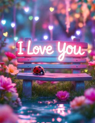 The primary subject of the image is a bench with a ladybug sitting on it. The setting is a garden with a pink background, and the visual style is a digital art illustration. The colors and mood of the image are predominantly pink, creating a warm and inviting atmosphere.