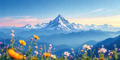The primary subject of the image is a beautiful mountain range with snow-capped peaks. The setting is a lush, flower-filled field, creating a serene and picturesque scene. The visual style is a combination of photo and digital art, resulting in a stunning and realistic representation of the mountain range. The colors and mood of the image are predominantly warm and inviting, with the vibrant flowers and the majestic mountain range creating a sense of tranquility and awe.