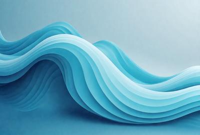 The primary subject of the image is a blue wave, which is the main object, scene, or focus of the image. The setting is a blue background, and the visual style is a digital art or illustration. The dominant colors are blue and white, creating a calm and serene atmosphere.
