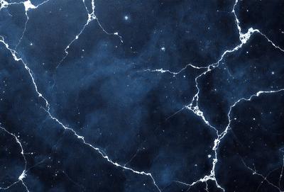 The primary subject of the image is a blue and black marbled wall. The setting is a dark room with a starry night sky visible in the background. The visual style is a combination of a photo and digital art, creating a unique and intriguing atmosphere. The dominant colors are blue and black, with the blue marbled wall and the black background creating a striking contrast. The overall mood of the image is mysterious and captivating.