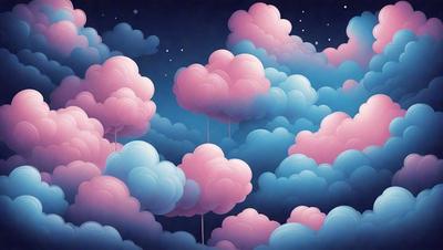 The primary subject of the image is a painting of a cloudy sky with pink, blue, and white clouds. The setting is a nighttime scene with a dark background. The visual style is a digital art or illustration, creating a vibrant and colorful atmosphere. The dominant colors are pink, blue, and white, giving the painting a lively and cheerful mood.