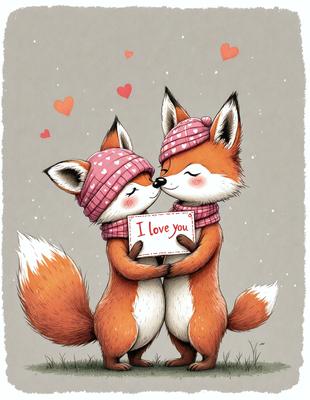 The image features two red foxes, one on the left and the other on the right, standing close to each other and holding a heart-shaped sign. The foxes are wearing hats, and their expressions are loving and affectionate. The scene is set in a grassy area, and the visual style is a combination of digital art and illustration. The colors are predominantly red and orange, creating a warm and cozy atmosphere.