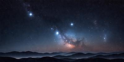 The primary subject of the image is the night sky filled with stars. The setting is a mountainous area, with the mountains visible in the background. The visual style is a painting, which creates a serene and peaceful atmosphere. The colors and mood are predominantly dark and moody, with the stars and the mountains providing a sense of depth and beauty.