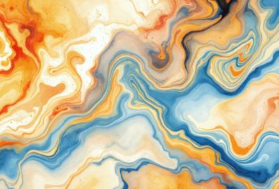 The primary subject of the image is a painting featuring a colorful, abstract design. The painting is set against a yellow and blue background, creating a vibrant and lively atmosphere. The visual style of the painting is a mix of digital art and illustration, with a focus on the intricate patterns and textures. The dominant colors in the painting are yellow, blue, and orange, which contribute to the overall mood of the artwork.
