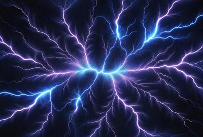The primary subject of the image is a close-up of a blue lightning bolt. The setting is a dark background, which emphasizes the lightning bolt's vibrant color. The visual style is a digital art or illustration, as the lightning bolt appears to be a part of a larger, abstract design. The colors and mood of the image are predominantly blue and energetic, creating a sense of excitement and power.
