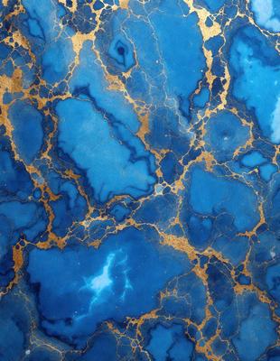 The primary subject of the image is a blue and gold marbled stone. The setting is a close-up of the marbled stone, showcasing its intricate patterns and colors. The visual style is a realistic representation of the stone, capturing its natural beauty. The dominant colors are blue and gold, creating a rich and luxurious atmosphere.