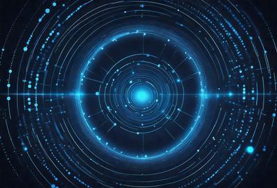 The primary subject of the image is a blue, circular, and glowing object, which appears to be a futuristic or space-themed design. The setting is a dark background, which contrasts with the bright blue object. The visual style is a combination of digital art and illustration, creating a unique and captivating image. The colors and mood of the image are predominantly blue, with a sense of depth and intrigue.