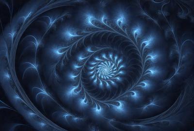 The primary subject of the image is a blue spiral pattern, which appears to be a digital art or illustration. The setting is a blue background, and the visual style suggests that it is a digital artwork or a pattern. The dominant colors in the image are blue and purple, creating a calm and serene atmosphere.