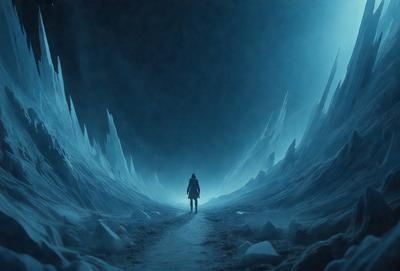 The primary subject of the image is a person walking down a path in a snowy, icy environment. The setting includes a mountainous background, and the visual style appears to be a digital art or illustration. The colors in the image are predominantly blue and white, creating a cold and icy atmosphere.