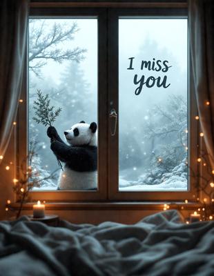 The primary subject of the image is a panda bear holding a tree branch. The setting is a snowy environment, with the panda bear standing in front of a window. The visual style is a digital art illustration, and the colors and mood are predominantly white and cold, with the panda bear being the main focal point.