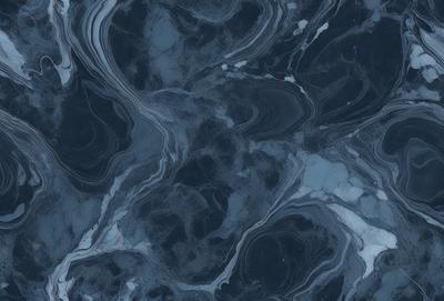 The primary subject of the image is a blue marble-like surface with a pattern of swirls and waves. The setting is a dark blue background, which contrasts with the swirling pattern. The visual style is a close-up of the marble-like surface, showcasing the intricate details of the swirls and waves. The colors and mood of the image are predominantly dark blue, with the swirling pattern adding a sense of depth and complexity to the surface.