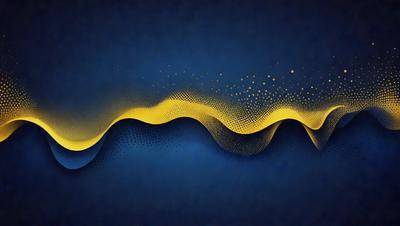 The primary subject of the image is a blue and yellow wave pattern. The setting is a dark blue background, which creates a contrasting effect with the yellow and blue wave pattern. The visual style appears to be a digital art or illustration, as the wave pattern is intricately detailed and the colors are vibrant. The overall atmosphere of the image is dynamic and visually appealing.