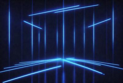 The primary subject of the image is a blue light, which is illuminating a dark room. The setting is a room with a doorway, and the visual style appears to be a digital art or illustration. The dominant colors in the image are blue and black, creating a moody atmosphere.