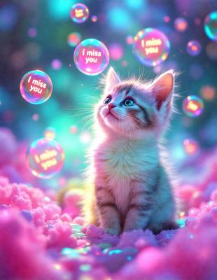 The primary subject of the image is a small kitten sitting on a pink surface, surrounded by a variety of colorful bubbles. The setting appears to be a playful and whimsical environment, with the kitten being the main focus of the scene. The visual style of the image is a combination of photo and digital art, creating a vibrant and lively atmosphere. The dominant colors in the image are pink and various shades of blue, which contribute to the overall cheerful and lighthearted mood.