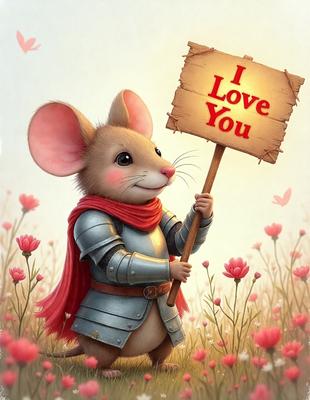 The primary subject of the image is a mouse dressed in a knight's armor, holding a sign that reads "I Love You." The mouse is standing in a field of flowers, which serves as the setting and background of the image. The visual style of the image is digital art, with the mouse and the sign being the main focus of the composition. The colors and mood of the image are warm and cheerful, with the mouse's armor and the field of flowers creating a sense of love and affection.