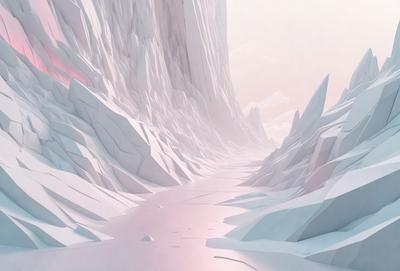 The primary subject of the image is a large, snowy mountain with a pinkish hue. The setting is a mountainous landscape with a rocky terrain. The visual style is a digital art or illustration, creating a surreal and dramatic atmosphere. The dominant colors are white and pink, giving the scene a unique and striking appearance.