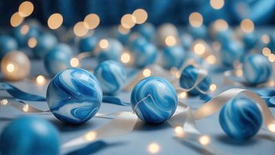 The primary subject of the image is a group of blue glass balls, which are the main objects in the scene. The setting is a table with a blue background, and the visual style appears to be a photo. The dominant colors in the image are blue and white, creating a calm and serene atmosphere.
