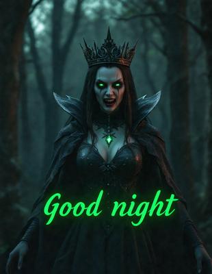 The primary subject of the image is a woman dressed in a costume, possibly as a vampire or a witch. She is wearing a crown and has green eyes, giving her a menacing appearance. The setting is a forest, with trees visible in the background. The visual style of the image is digital art, as it appears to be a computer-generated or digitally edited image. The colors and mood of the image are dark and eerie, with the woman's costume and the forest setting contributing to