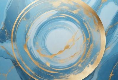 The primary subject of the image is a blue and gold vase with a gold rim. The vase is placed on a blue surface, which adds a contrasting element to the scene. The visual style of the image is a combination of photo and digital art, creating a unique and eye-catching design. The dominant colors in the image are blue and gold, giving the vase a luxurious and elegant appearance.