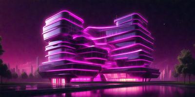 The primary subject of the image is a large, modern building with a pink glow. The building is made of glass and has a unique, futuristic design. The setting is a cityscape at night, with the building standing out against the dark sky. The visual style is a combination of digital art and illustration, creating a striking and eye-catching image. The colors and mood of the image are predominantly pink, giving it a warm and inviting atmosphere.