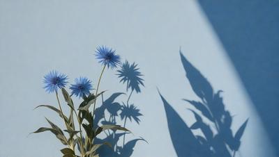 The primary subject of the image is a plant with blue flowers, which is placed in a vase. The setting is a blue wall, and the visual style appears to be a photo. The dominant colors in the image are blue and green, creating a calm and serene atmosphere.
