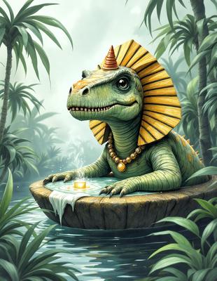 The primary subject of the image is a dinosaur, specifically a green and yellow alligator dinosaur, sitting in a pond. The setting is a lush, tropical environment with palm trees and water. The visual style is a digital art or illustration, creating a vibrant and colorful scene. The colors and mood of the image are lively and energetic, with the dinosaur as the main focal point.