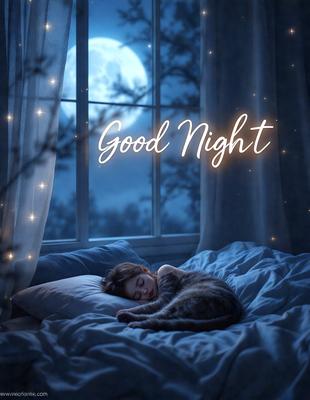 The primary subject of the image is a child sleeping on a bed. The setting is a bedroom with a window, and the visual style is a digital art illustration. The colors and mood of the image are predominantly blue, creating a calm and serene atmosphere.
