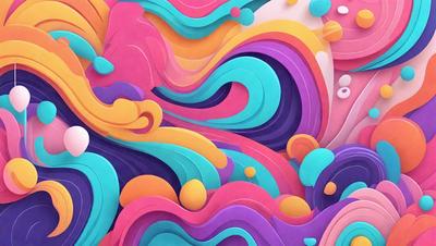 The primary subject of the image is a colorful, abstract artwork featuring a mix of pink, purple, blue, and orange colors. The setting is a wall, and the visual style appears to be a combination of digital art and illustration. The artwork creates a vibrant and lively atmosphere, with the colors and patterns creating a sense of movement and energy.