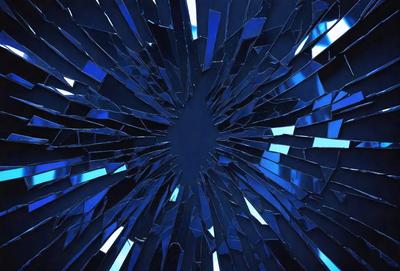 The primary subject of the image is a large, circular hole in a glass surface. The hole is surrounded by a blue background, which adds to the overall atmosphere of the scene. The visual style of the image is a combination of photo and digital art, creating a unique and intriguing appearance. The colors and mood of the image are predominantly blue, giving it a calm and serene feel.