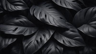 The primary subject of the image is a large, dark green leaf. The leaf is prominently displayed in the foreground, with a black background. The visual style of the image is a close-up, black and white photograph of the leaf. The colors and mood of the image are predominantly dark and moody, with the leaf being the main focus of the composition.