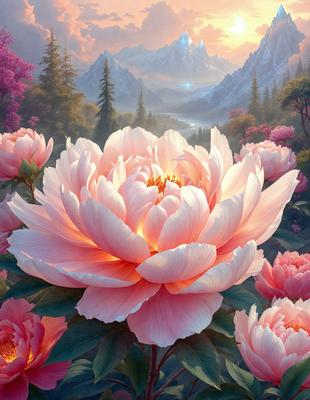 The primary subject of the image is a large, beautiful pink flower with white petals. The flower is situated in a vibrant garden setting, surrounded by a variety of pink flowers. The visual style of the image is a painting, which adds a sense of artistic expression and beauty to the scene. The colors and mood of the image are predominantly pink, creating a warm and inviting atmosphere.