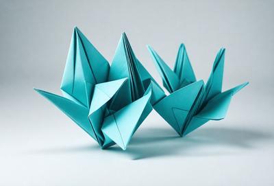The image features a group of three blue origami cranes sitting on a table. The cranes are arranged in a way that they appear to be looking at each other. The table is the primary subject of the image, and the origami cranes are the main objects in the scene. The visual style of the image is a combination of photo and digital art, creating a unique and artistic representation of the cranes. The colors and mood of the image are predominantly blue, giving it a calm and ser