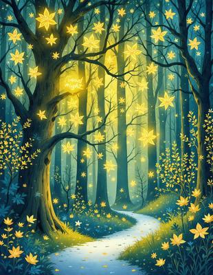 The primary subject of the image is a tree with a path leading through it. The tree is surrounded by a forest, and the path is illuminated by a bright light, creating a magical atmosphere. The setting is a lush, green forest with a path that leads through it. The visual style is a digital art illustration, with a vibrant color palette and a sense of depth and dimension. The colors and mood of the image are bright, lively, and serene, evoking a sense of wonder and