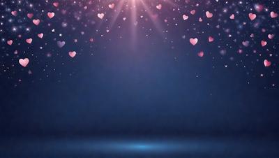 The primary subject of the image is a blue background with a pattern of hearts. The hearts are scattered across the background, creating a visually appealing and heartwarming scene. The setting appears to be a nighttime sky, with the hearts shining brightly against the dark background. The visual style of the image is a combination of digital art and illustration, giving it a unique and artistic appearance. The colors and mood of the image are predominantly blue and warm, evoking a sense of tranquility and love