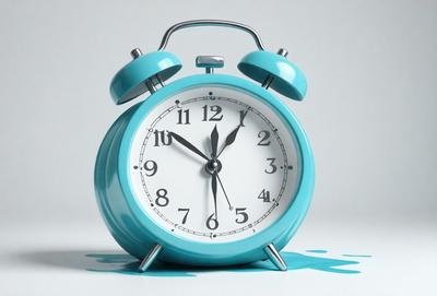 The primary subject of the image is a blue alarm clock with a white face. The clock is placed on a table, and it is set to 10:15. The setting is a white background, and the visual style is a photo. The colors and mood of the image are predominantly blue and white, creating a calm and soothing atmosphere.