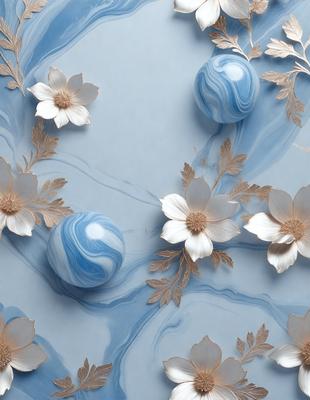 The primary subject of the image is a blue and white vase with flowers. The vase is placed on a blue surface, which could be a table or a wall. The setting appears to be a decorative arrangement, possibly for a special event or a home decoration. The visual style of the image is a combination of photo and digital art, creating a unique and artistic representation of the vase and flowers. The colors and mood of the image are predominantly blue and white, giving it a calm and elegant atmosphere.